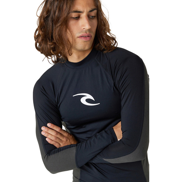 2024 Rip Curl Mens Waves UPF Leistung Langarm Rash Vest 141MRV - schwarz